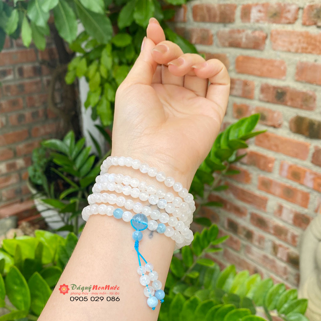 Vòng tay đá Moonstone mix thạch anh Aquamarine 1 Chuỗi vòng tay đá Moonstone