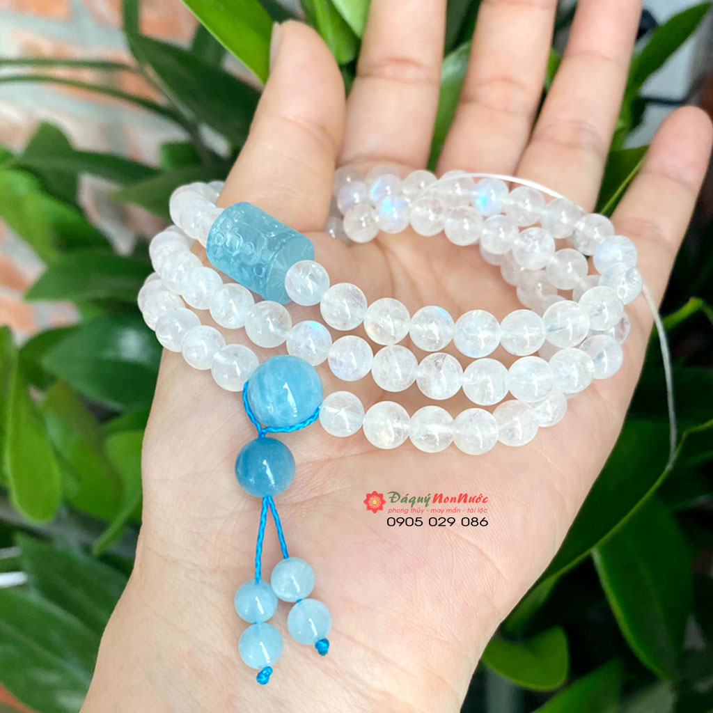 Vòng tay đá Moonstone mix thạch anh Aquamarine 2 Chuỗi vòng tay đá Moonstone