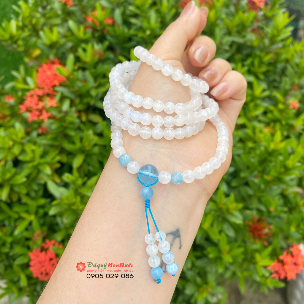 Vòng tay đá Moonstone mix thạch anh Aquamarine 4 Chuỗi vòng tay đá Moonstone