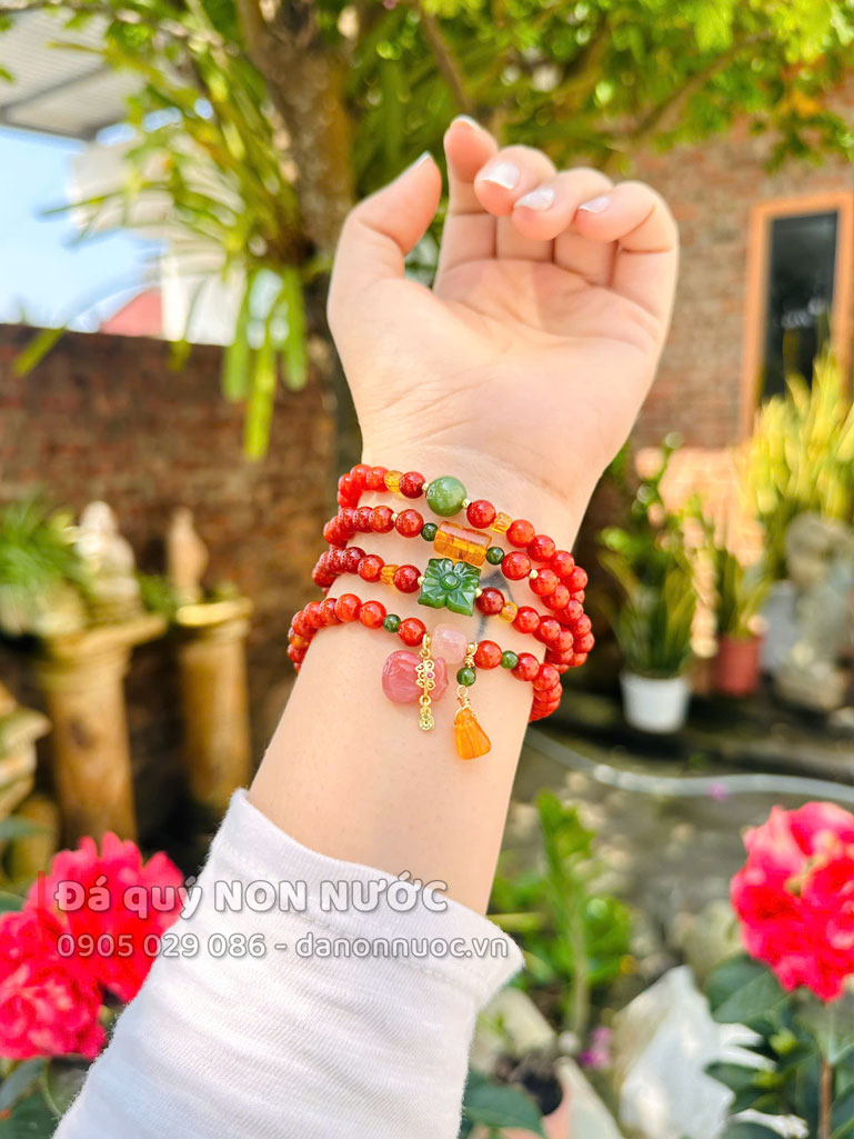 Chuỗi vòng Hoa mai 108 hạt đá mã não nam hồng 2 vong tay ma nao nam hong 1