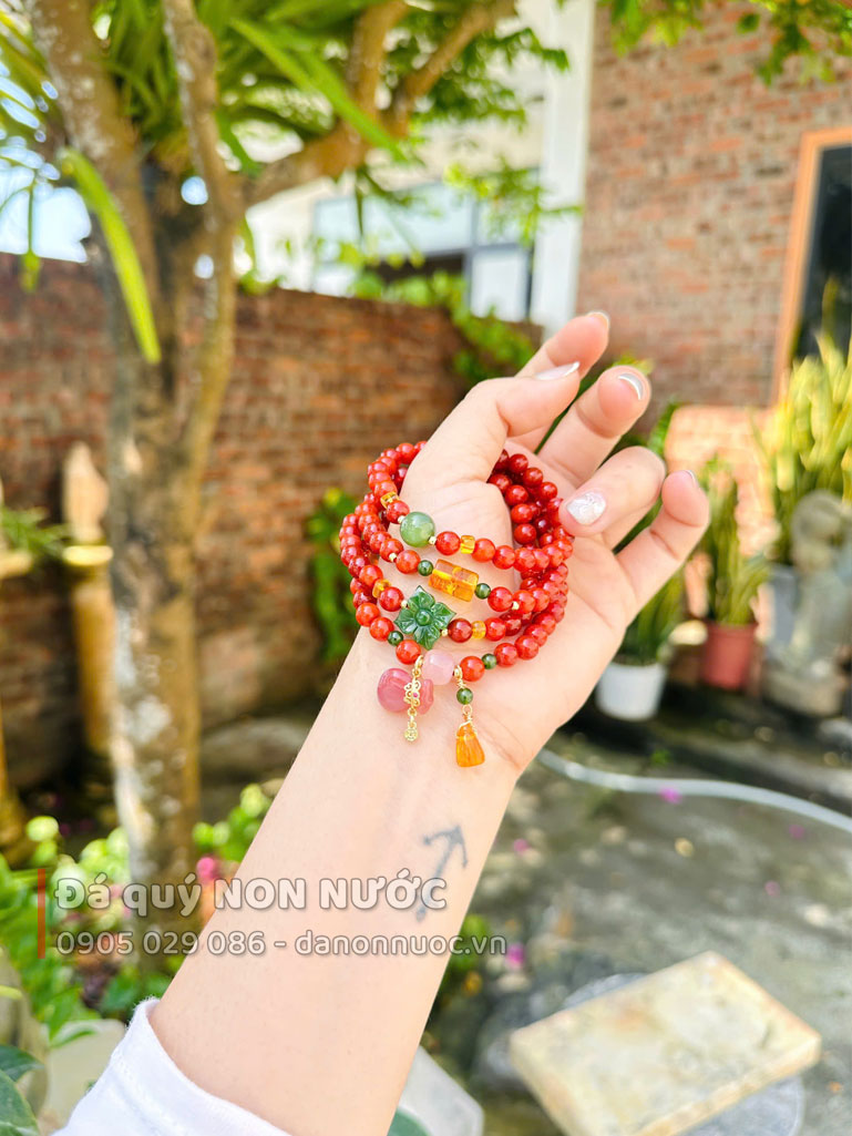 Chuỗi vòng Hoa mai 108 hạt đá mã não nam hồng 3 vong tay ma nao nam hong 23
