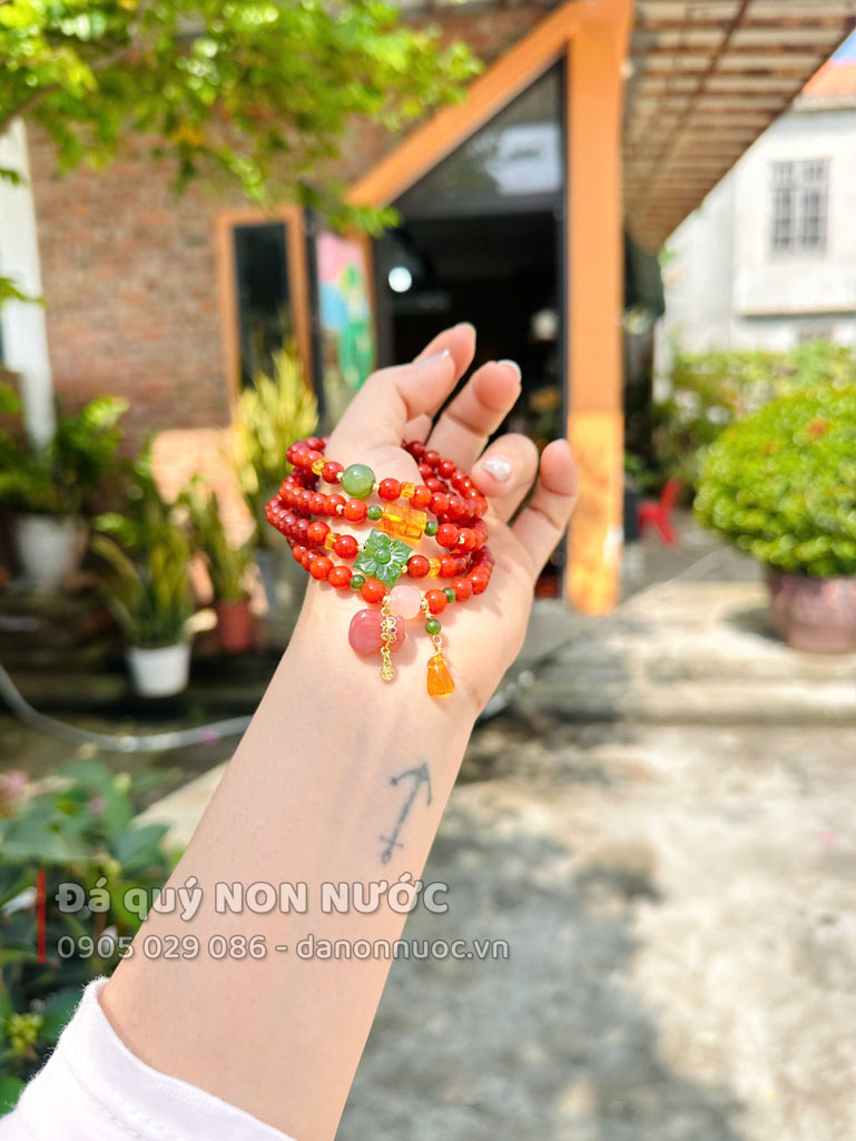 Chuỗi vòng Hoa mai 108 hạt đá mã não nam hồng 4 vong tay ma nao nam hong 4