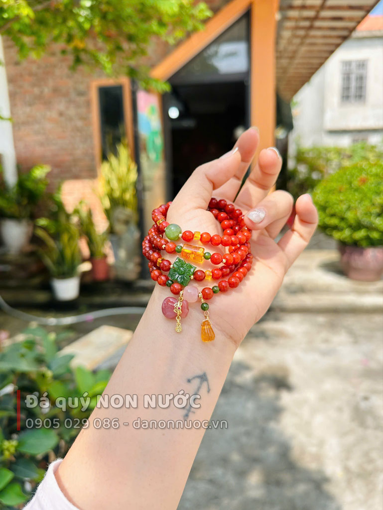 Chuỗi vòng Hoa mai 108 hạt đá mã não nam hồng 5 vong tay ma nao nam hong 5